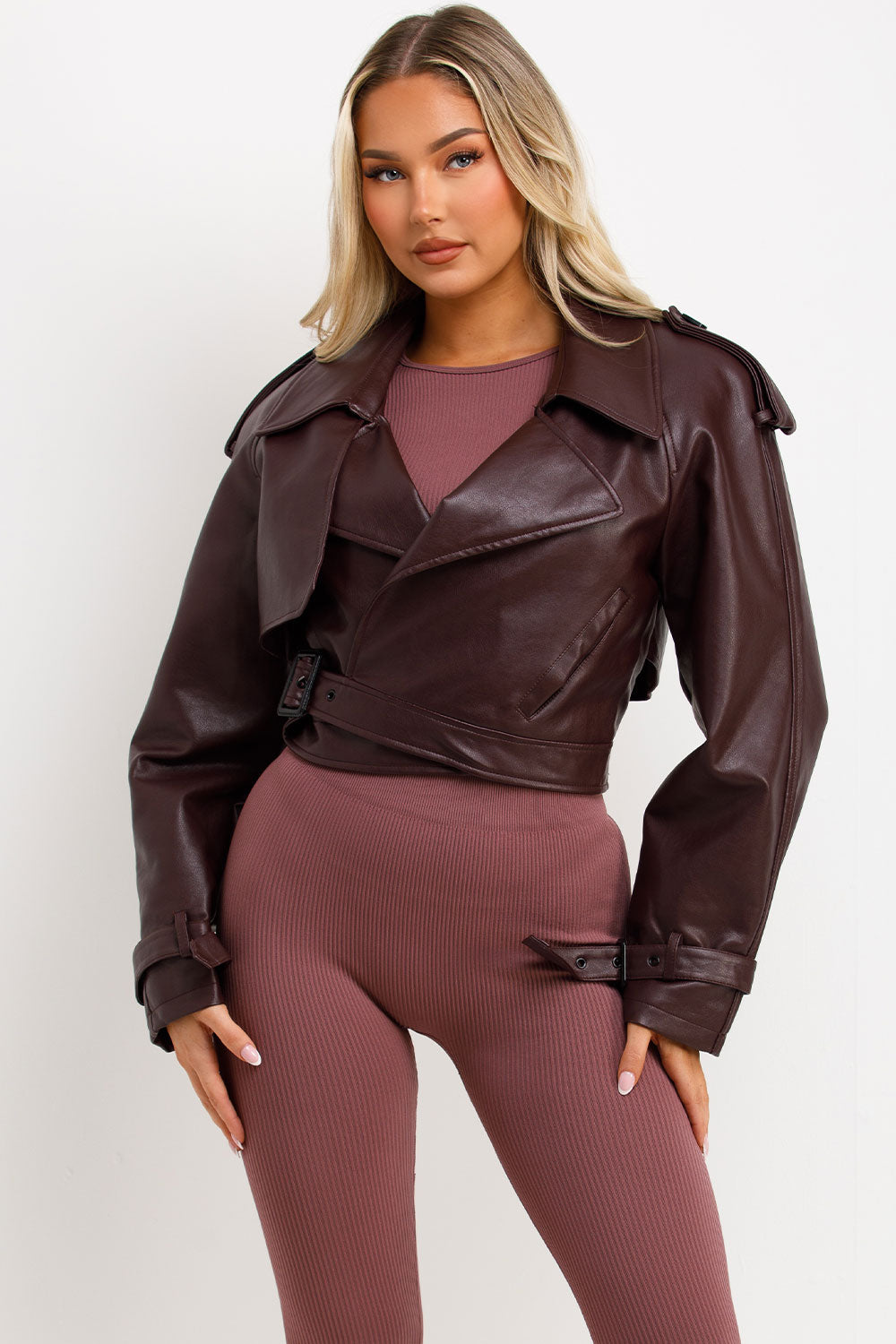 womens burgundy faux leather jacket with lapel collars 