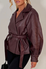 double breasted belted faux leather jacket with long sleeves womens zara uk 