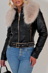 womens faux fur faux leather jacket with belt black styledup