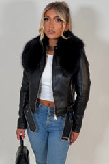 black faux fur faux leather jacket with belt styledup uk