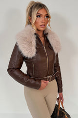 faux fur faux leather jacket with belt brown styledup uk