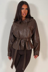 brown belted faux leather jacket with long sleeves womens zara uk 