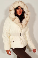 womens fur hood puffer jacket with waist belt styledup 