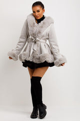 womens grey fur coat with hood and belt