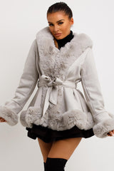 fur coat with belt and hood womens