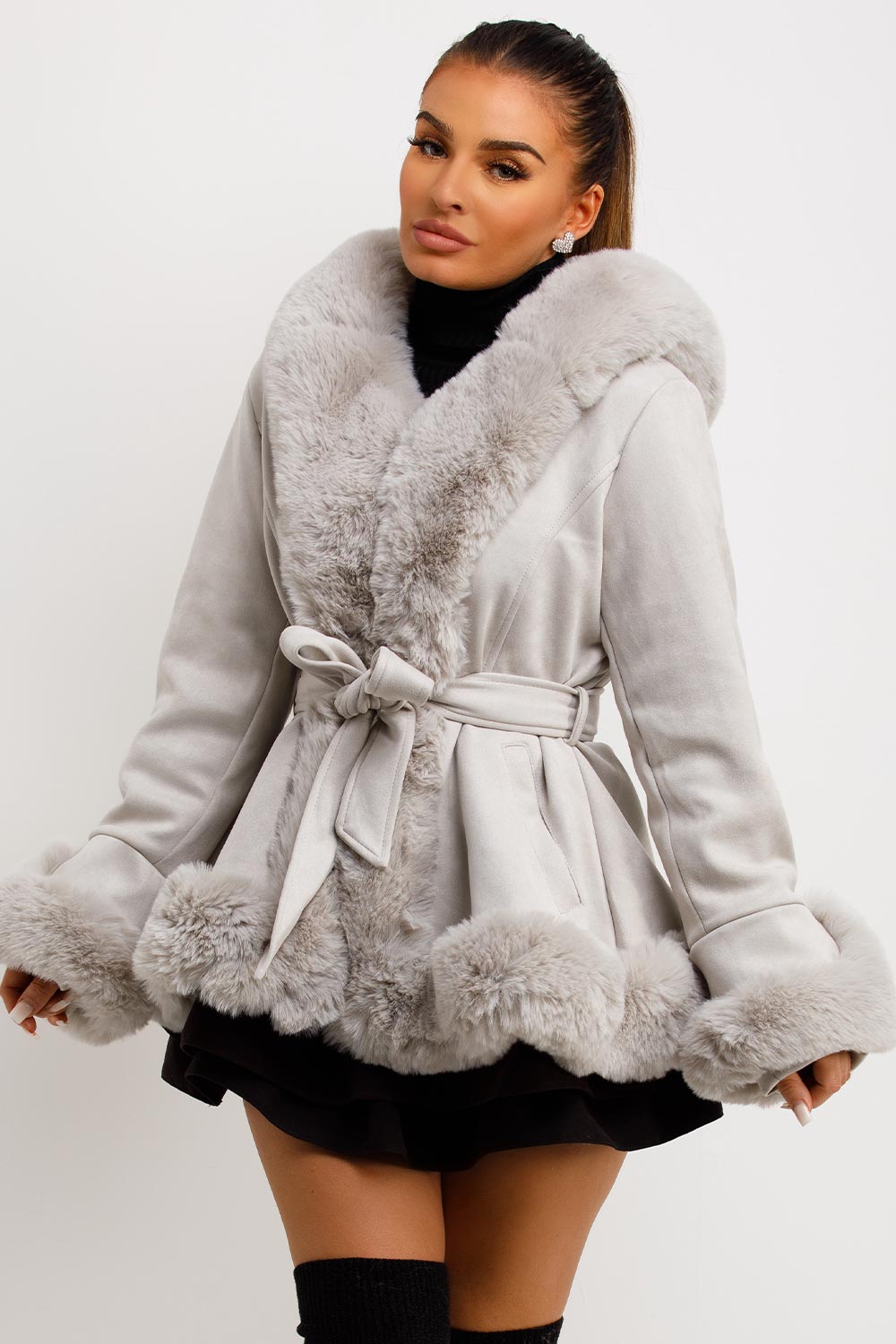faux fur faux suede belted hooded jacket grey