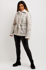 womens faux fur faux suede padded puffer jacket with belt
