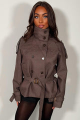 brown check belted crop trench jacket with high funnel neck styledup uk
