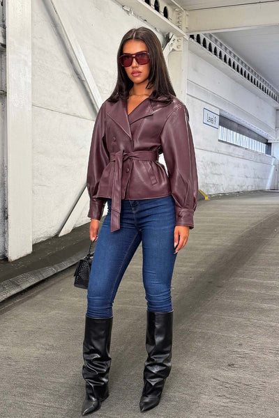 womens faux leather jacket with lapel collar for winter styledup uk