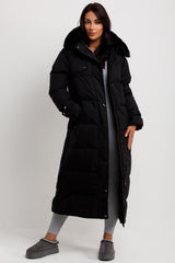 womens padded puffer long coat with belt and faux fur hood