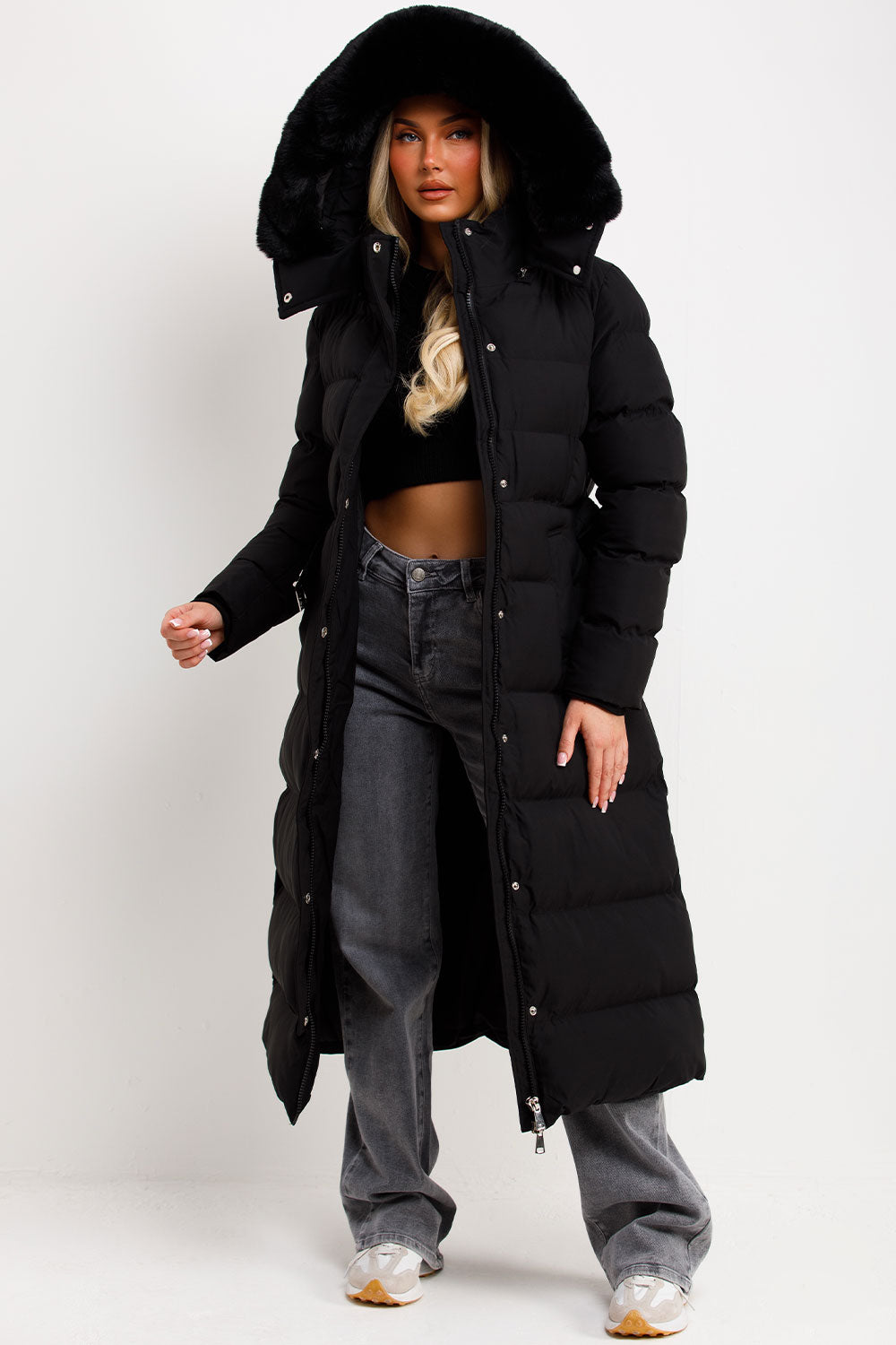 womens black puffer padded fur hood coat with belt styledup 