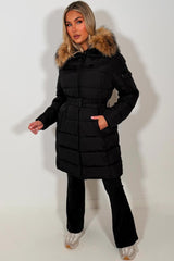 womens black faux fur hood winter coat with belt styledup