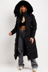 womens black puffer padded fur hood coat with belt styledup 