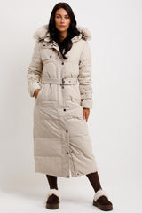 womens fur hood long puffer coat with belt