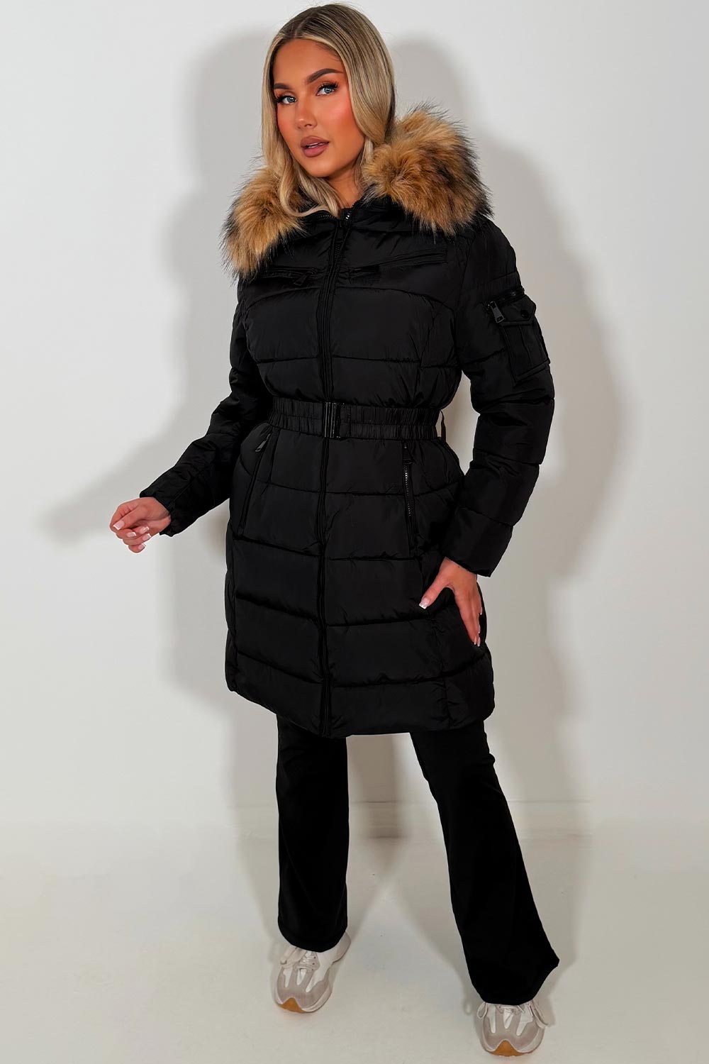 womens long puffer padded coat with faux fur hood and belt sale