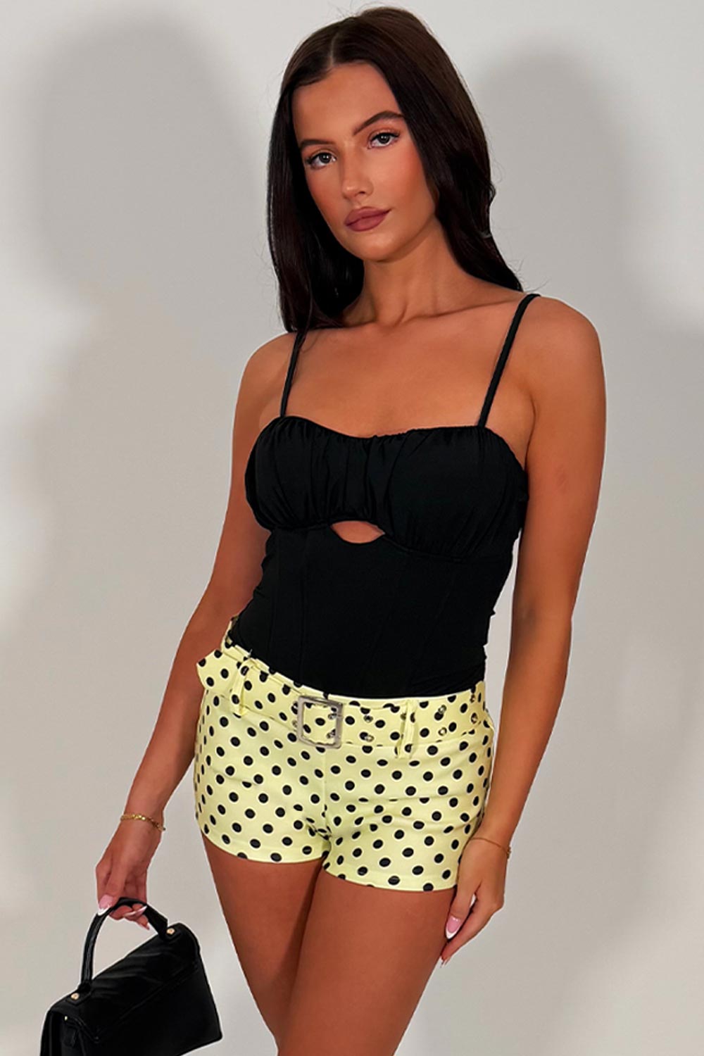 polka dot shorts with belt going out occasion outfit styledup white fox uk sale
