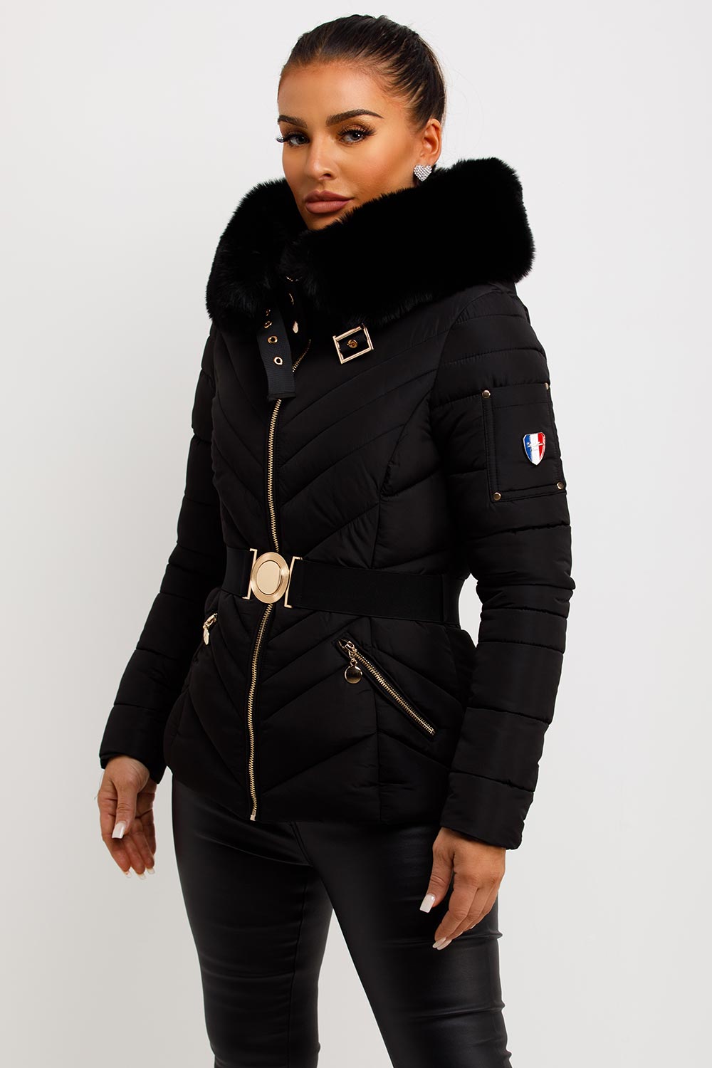womens black puffer jacket with fur hood and belt