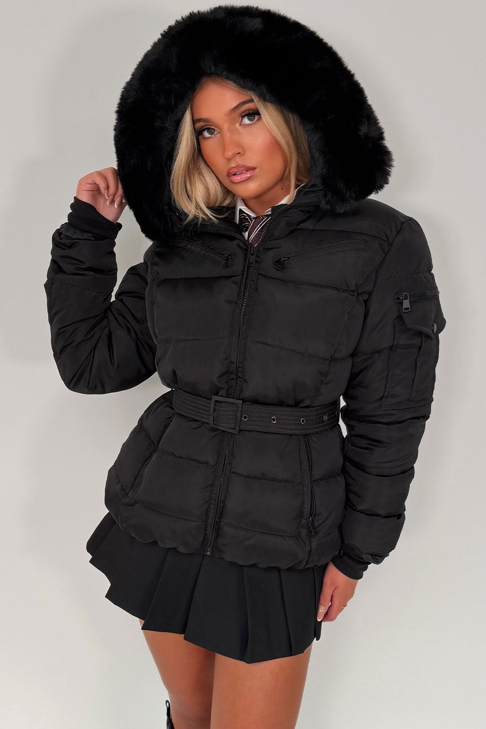 black puffer jacket with fur hood and belt back to school uk styledup