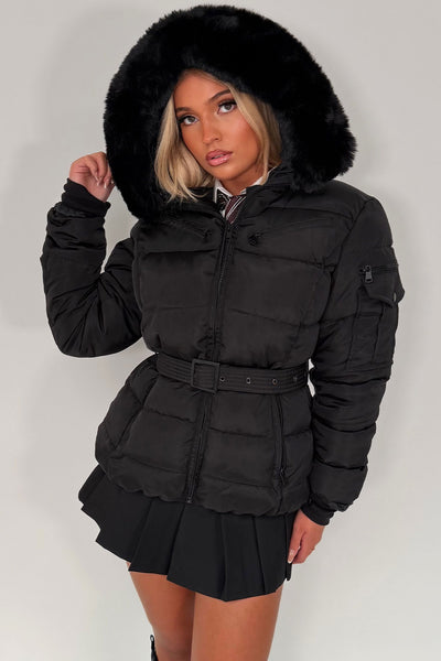 black puffer jacket with fur hood and belt back to school uk styledup