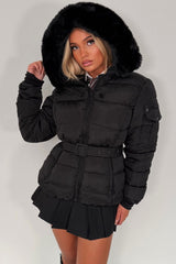 black puffer jacket with fur hood and belt back to school uk styledup