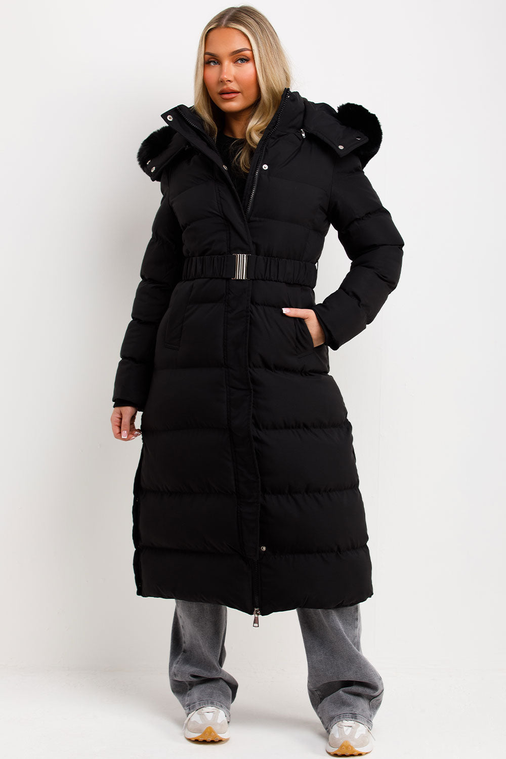 longline padded puffer winter coat with fur hood styledup black 