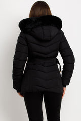 womens winter coat with fur hood and belt styled up