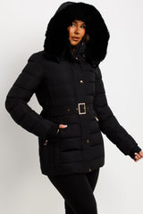 black faux fur hood winter coat with belt for womens styledup