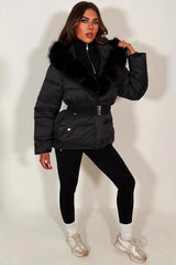 womens big faux fur hooded padded puffer jacket with belt for winter 