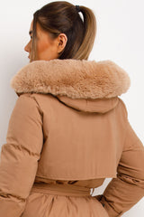 faux fur hooded puffer padded longline trench coat