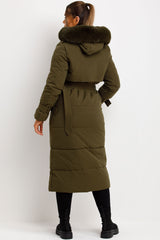 fur hood long padded puffer coat womens