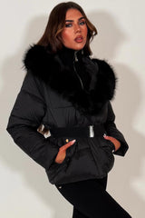 womens faux fur hood puffer padded winter jacket with waist belt outerwear with premium fur hood in black colour 