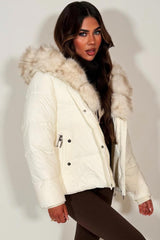womens fur hood padded puffer jacket with waist belt styledup 