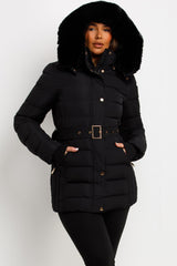padded puffer coat with belt and fur hood styledup