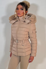 womens puffer jacket with faux fur hood and belt styledup uk