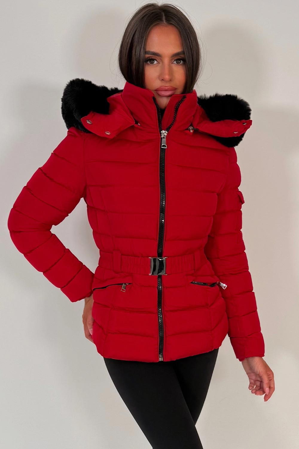 womens puffer jacket with faux fur hood styledup uk