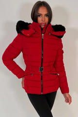 womens puffer jacket with faux fur hood styledup uk