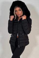 womens faux fur hooded padded puffer jacket with belt styledup uk