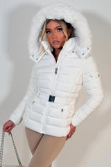 womens hooded padded puffer jacket for winter with faux fur hood styledup uk