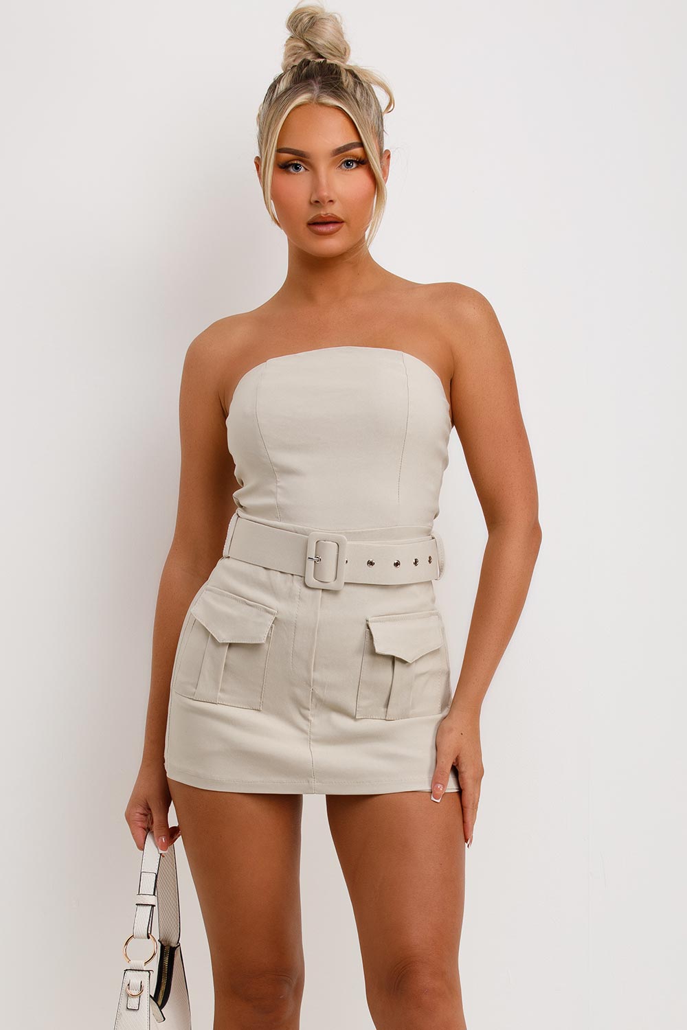 Skort Dress With Belt And Pockets Beige Going Out Festival Outfit –