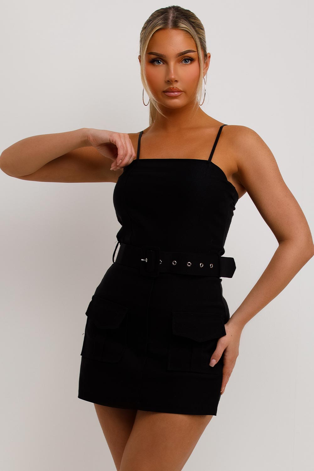 womens black cargo playsuit with belt and pocket front