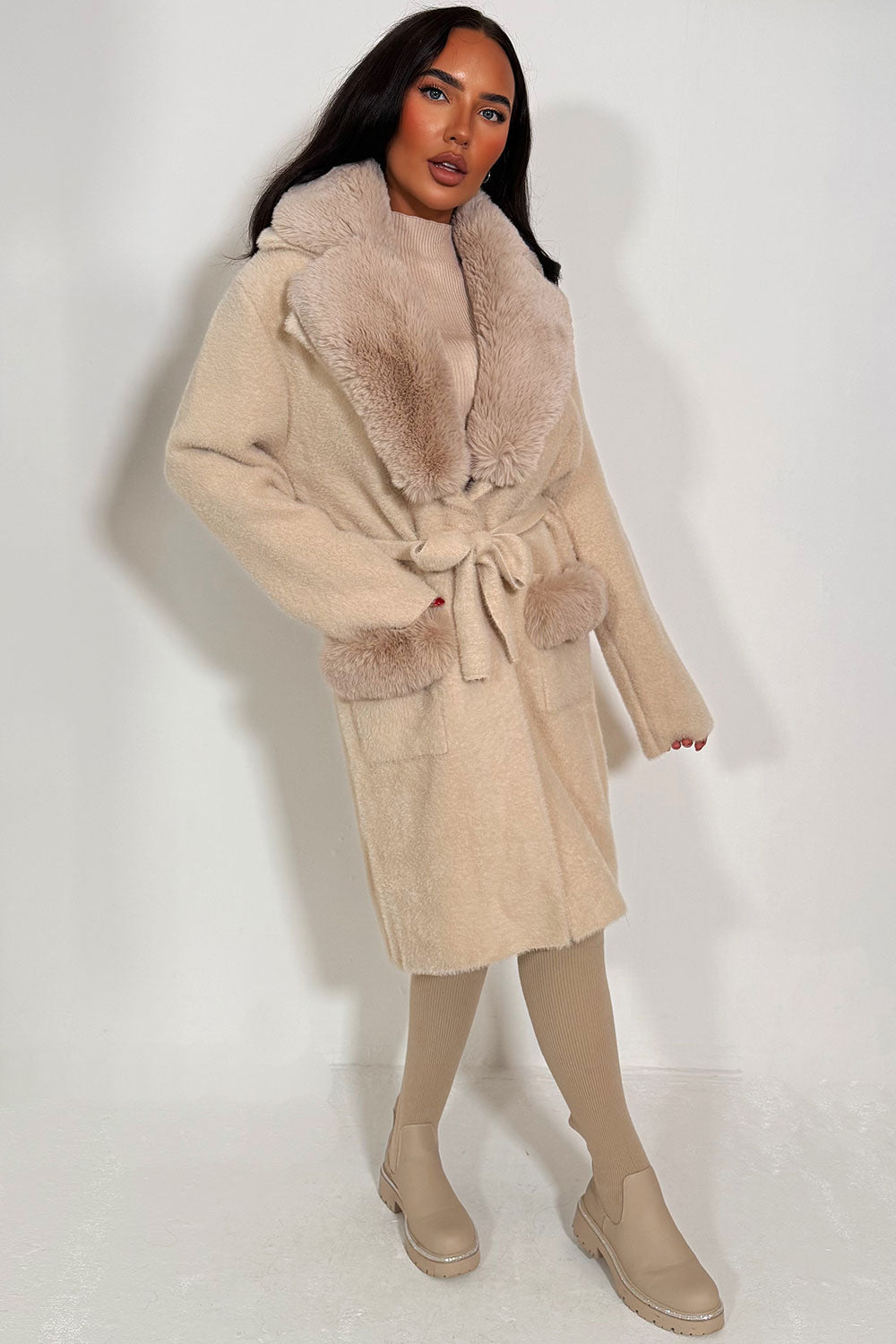 womens faux fur collar faux fur cuff belted coat styledup