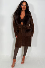 faux fur collar and cuff longline belted coat 