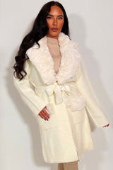 womens faux fur collar faux fur cuff belted long coat christmas outerwear styledup