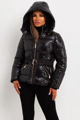 womens black puffe jacket with hood and belt back to school