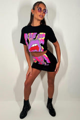 womens black crop t shirt and mini skirt two piece set going out festival rave outfit