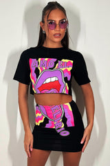 mini bodycon skirt and crop t shirt two piece co ord set with neon graphic print going out summer festival outfit