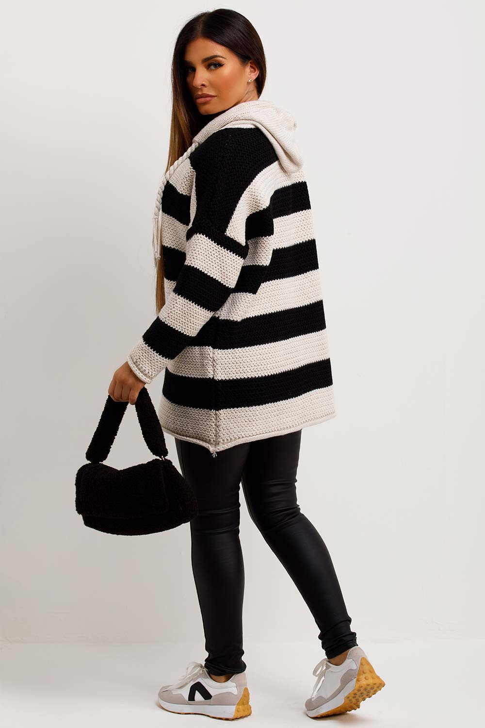 womens knitted striped jumper with hood