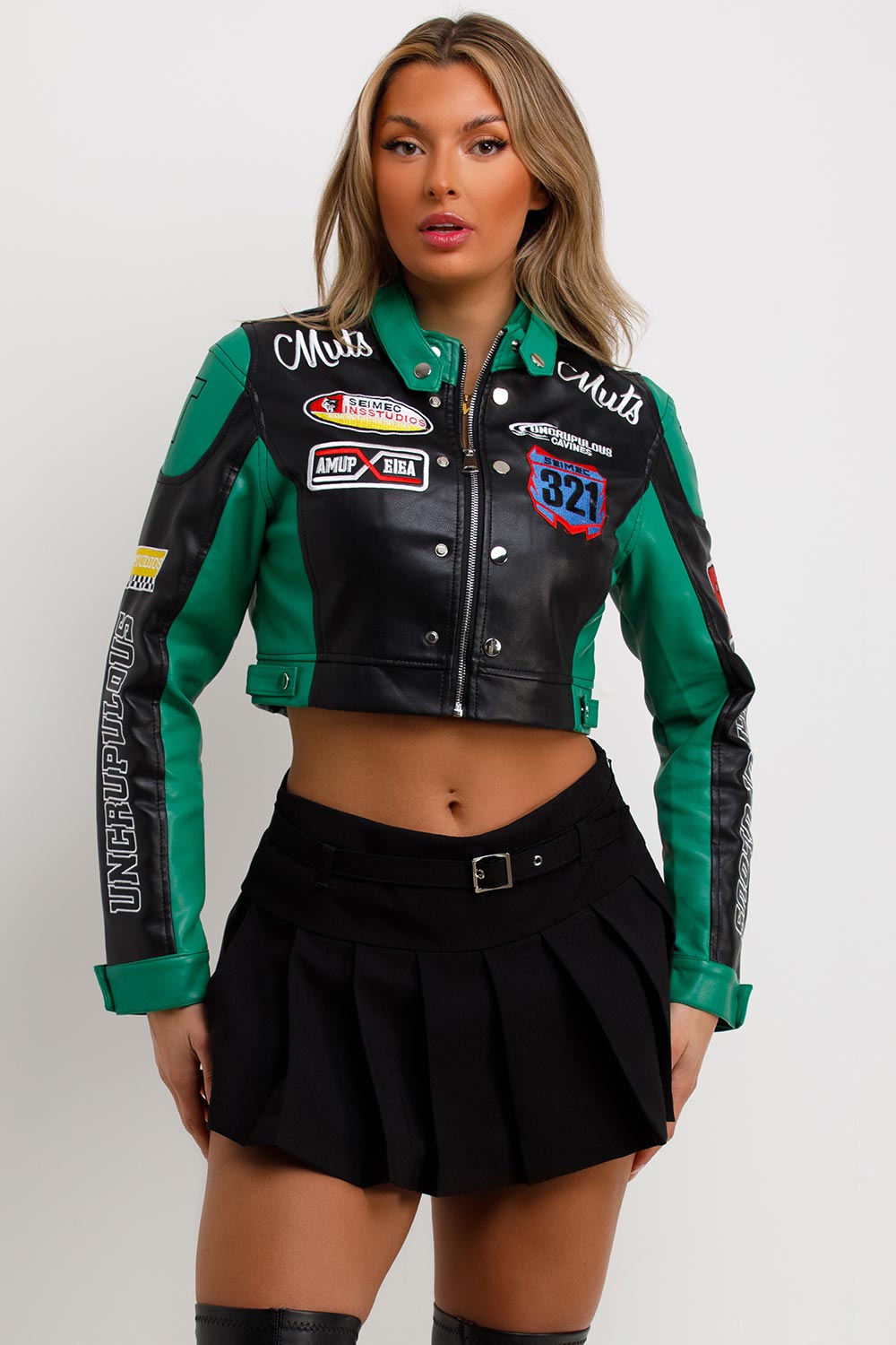 Women's Faux Leather Racer Jacket Green Motocross – Styledup.co.uk