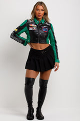 womens faux leather motocross racer varsity jacket cropped