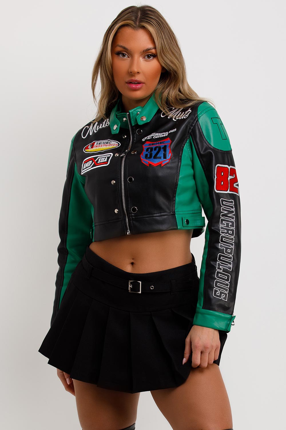 womens faux leather racer jacket motocross varsity
